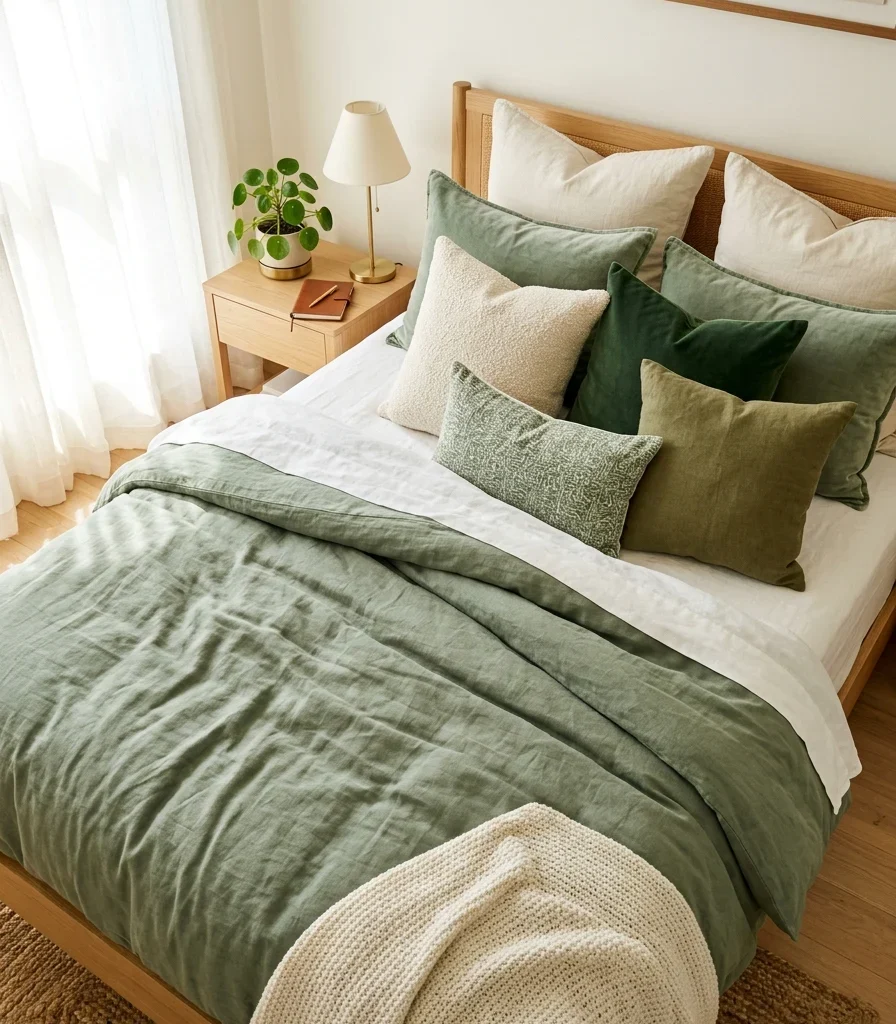 5. Layered Throw Pillows Around the Comforter