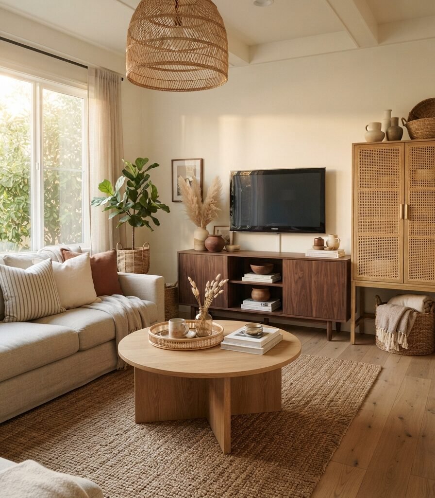5. Mix Wood and Woven Materials