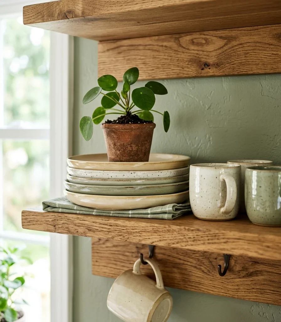 5. Open Shelving Styled with Ceramic Crockery