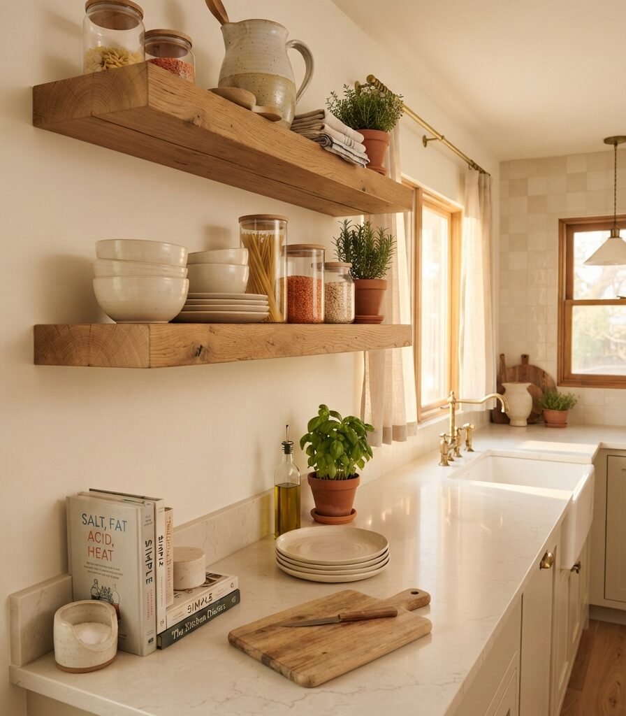 5. Open Wooden Shelving that Visually Continues the Counter