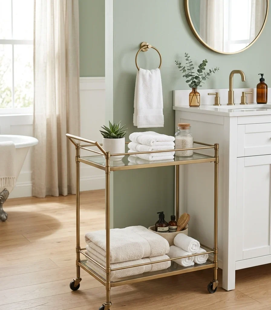 5. Slim Bar Cart Repurposed as a Rolling Vanity Caddy