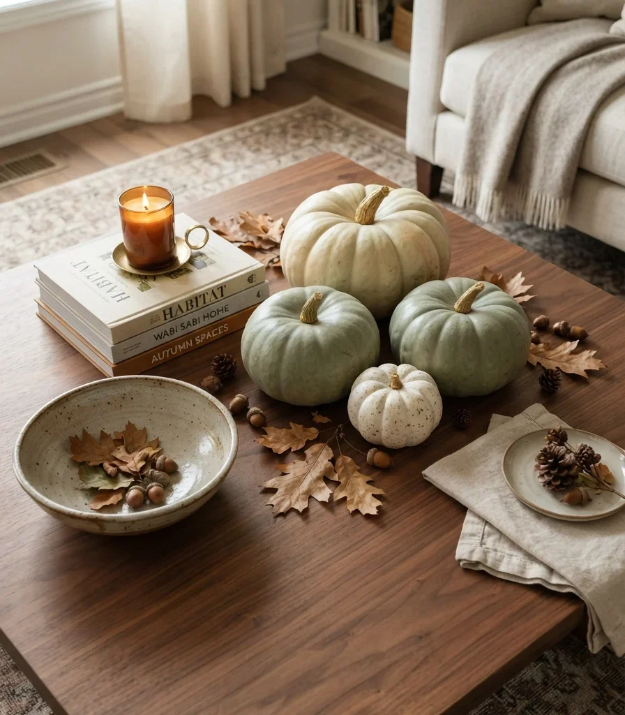 5. Style the Coffee Table with Pumpkins and Dried Oak