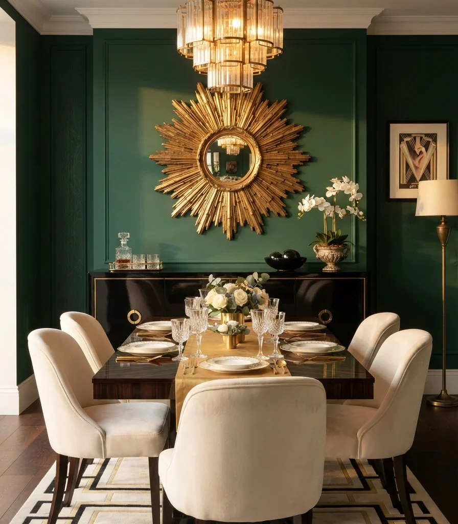 5. Sunburst Mirror Above a Slim Sideboard