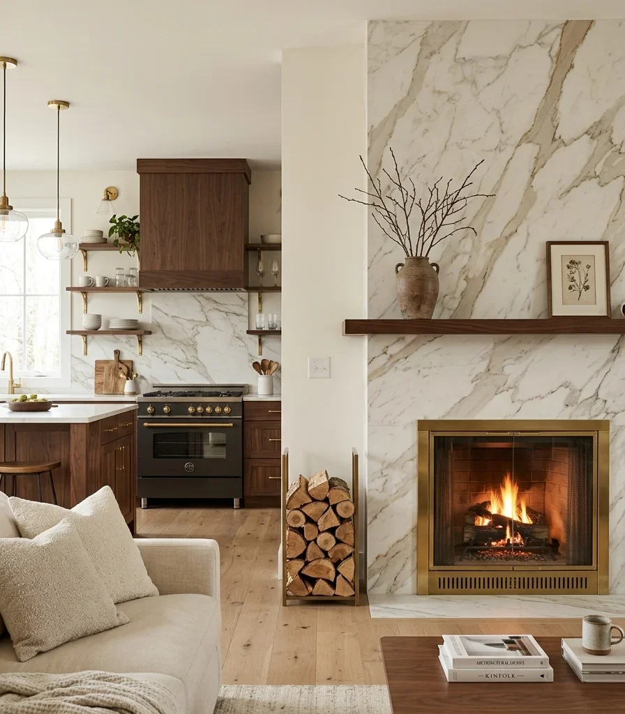 6. A Stone Surface That Travels From Backsplash to Fireplace