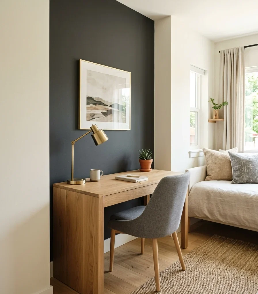 6. Charcoal Accent Wall Behind the Desk for Focus