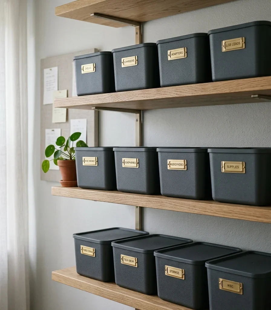 6. Charcoal Bins That Hide Cable Clutter in Open Shelving