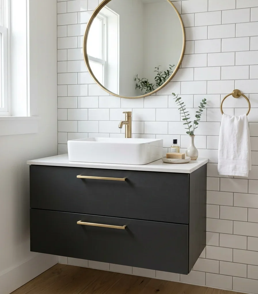 6. Charcoal Floating Cabinet Against White Subway Tile
