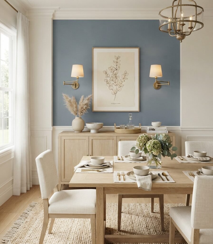 6. Coastal Blue Accent Wall with Natural Wood