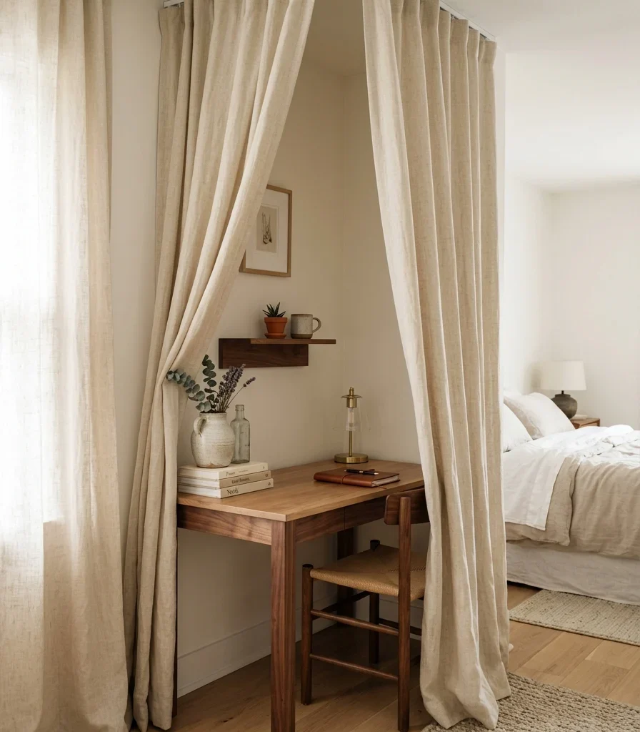 6. Conceal a Bedroom Corner Desk Behind a Curtain