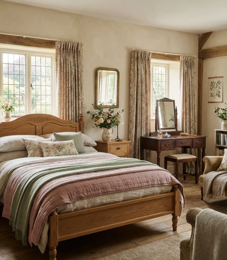 6. Frame the Bed With Full-Length Floral Curtains