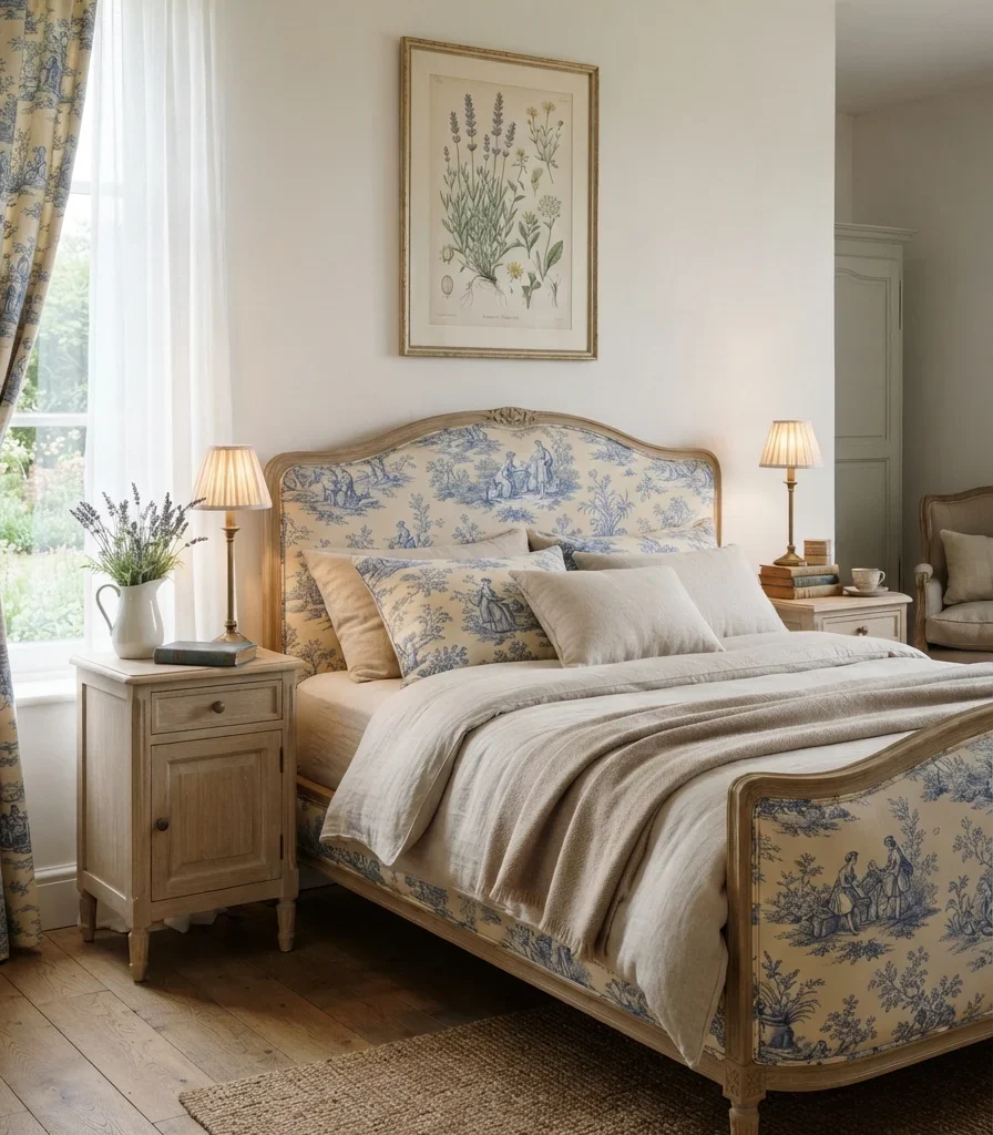 6. Frame the Bed With Toile de Jouy