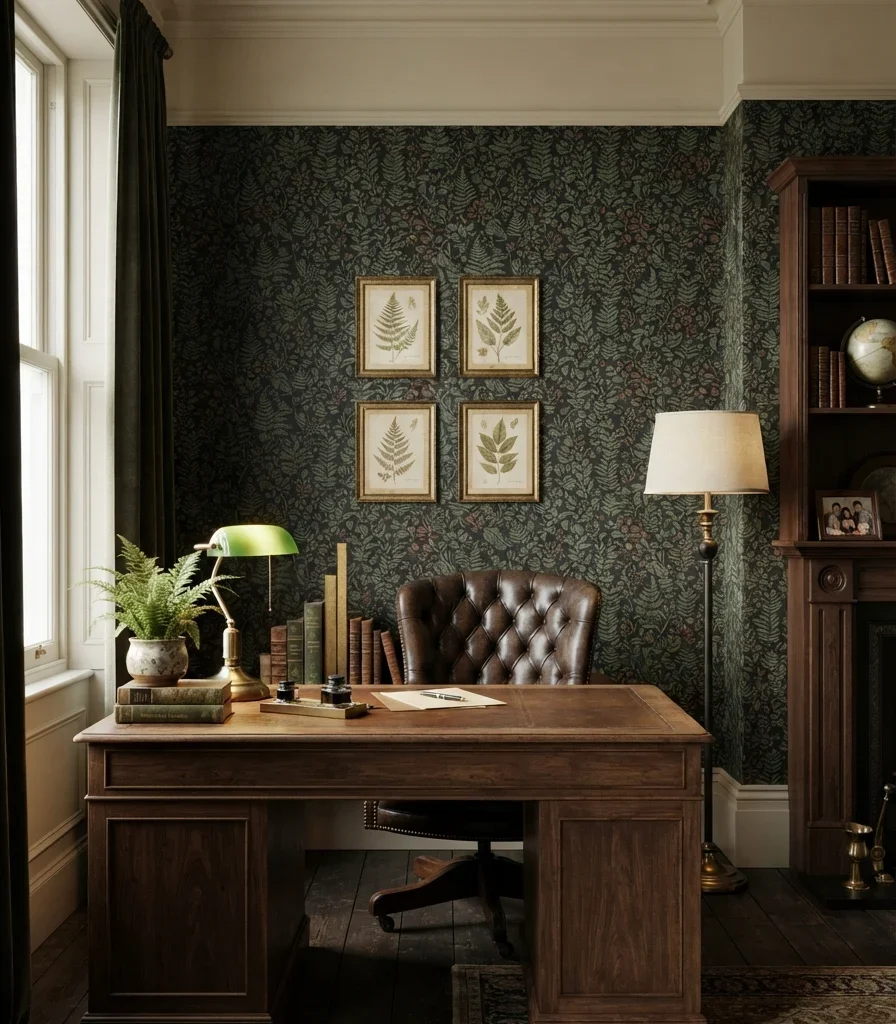 6. Hang Botanical Wallpaper Behind the Desk