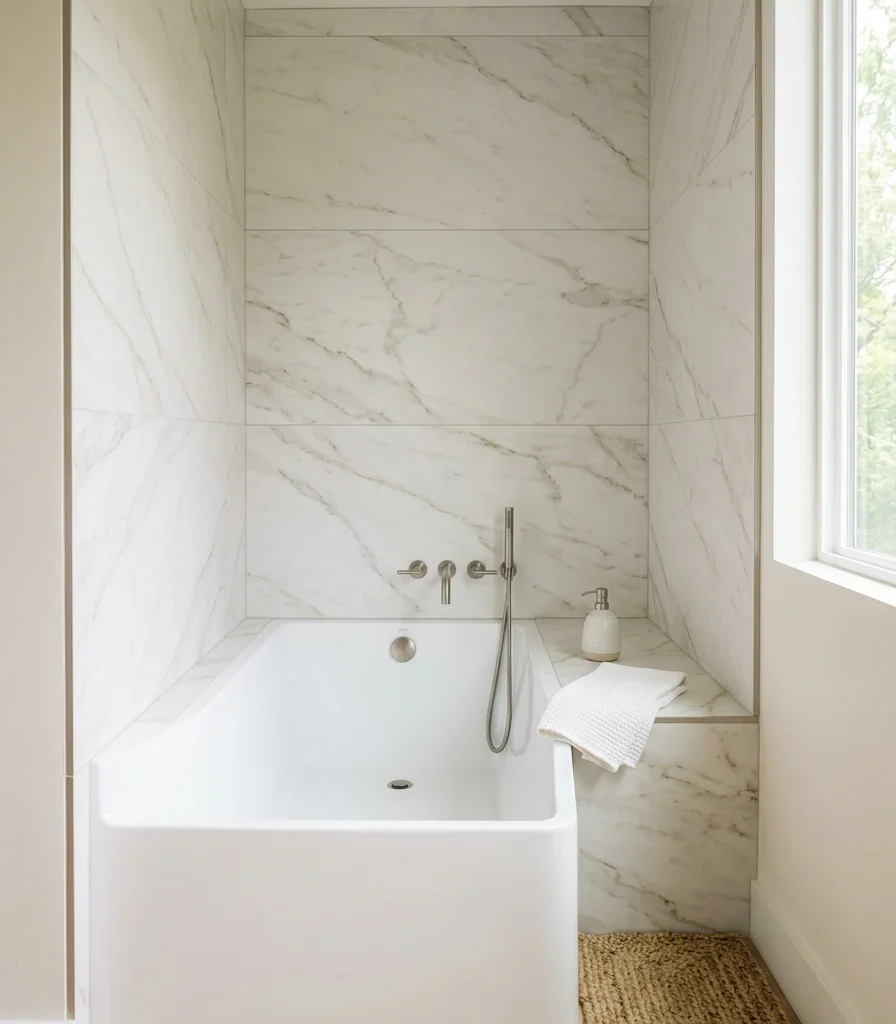 6. Large-Format Slab Tile Surrounding the Tub With Minimal Grout