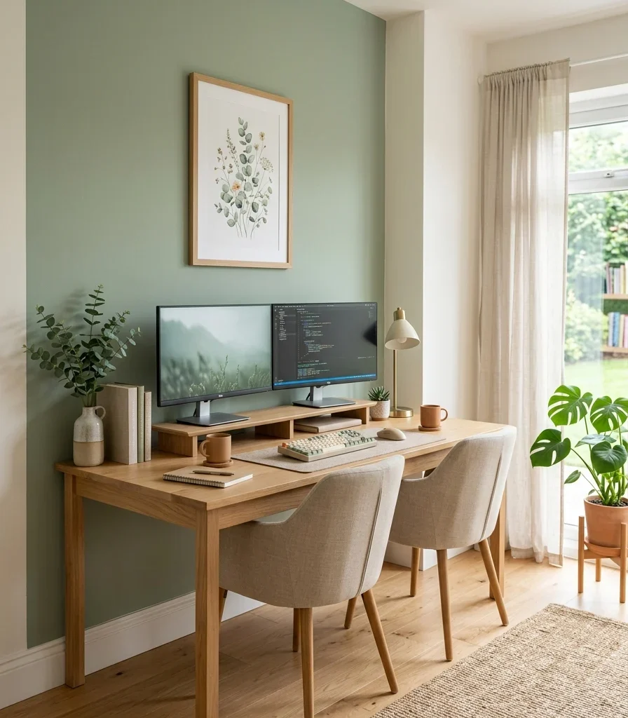 6. Soft Sage Accent Wall Behind the Shared Desk