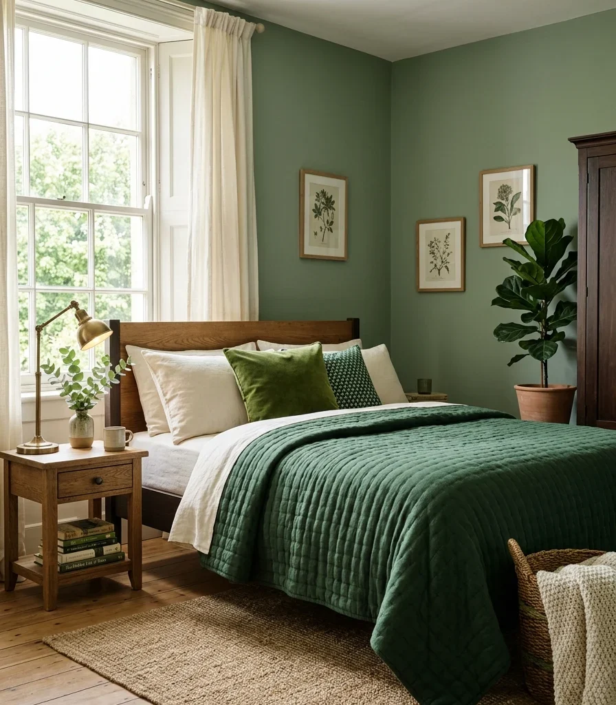 6. Tonal Green Layering From Walls to Bedding