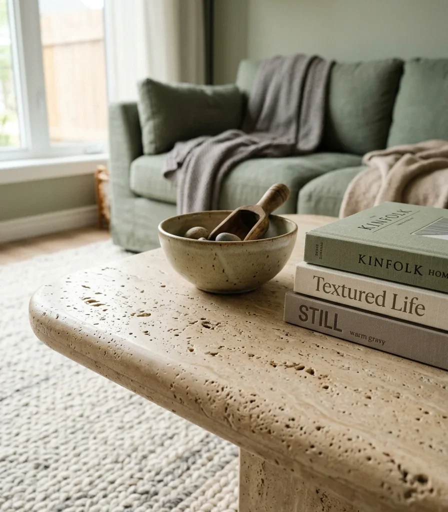 6. Travertine or Textured Stone Coffee Table