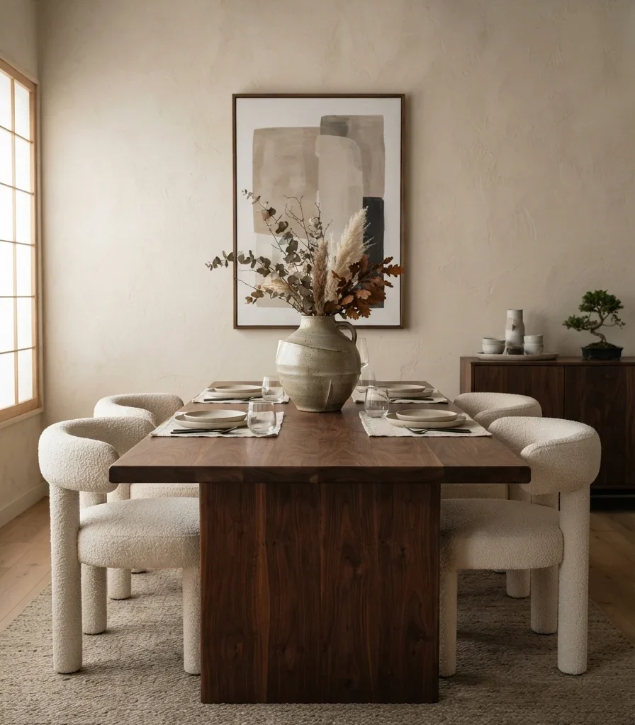 6. Walnut and Cream Japandi Dining Room