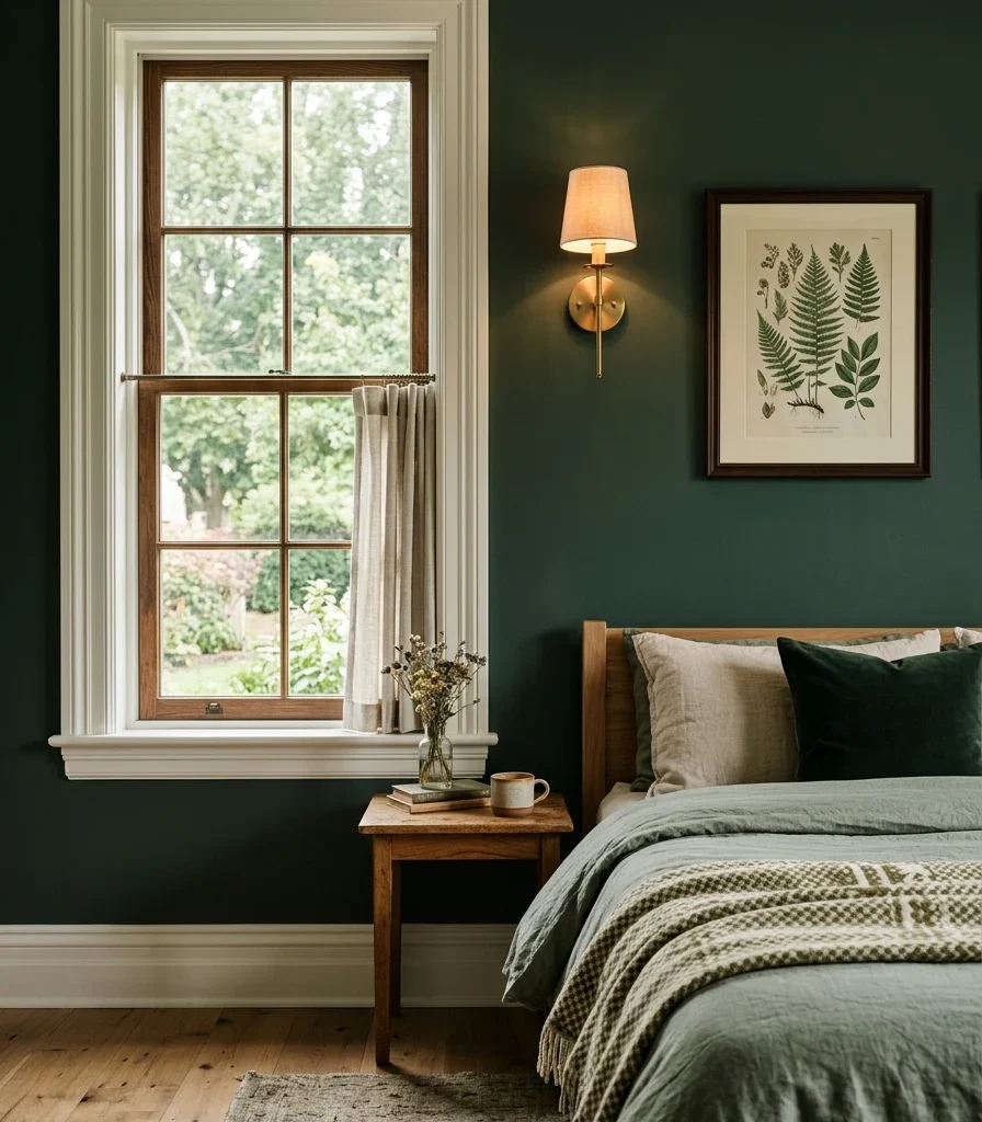 6. Warm White Trim Against Deep Forest Green Walls