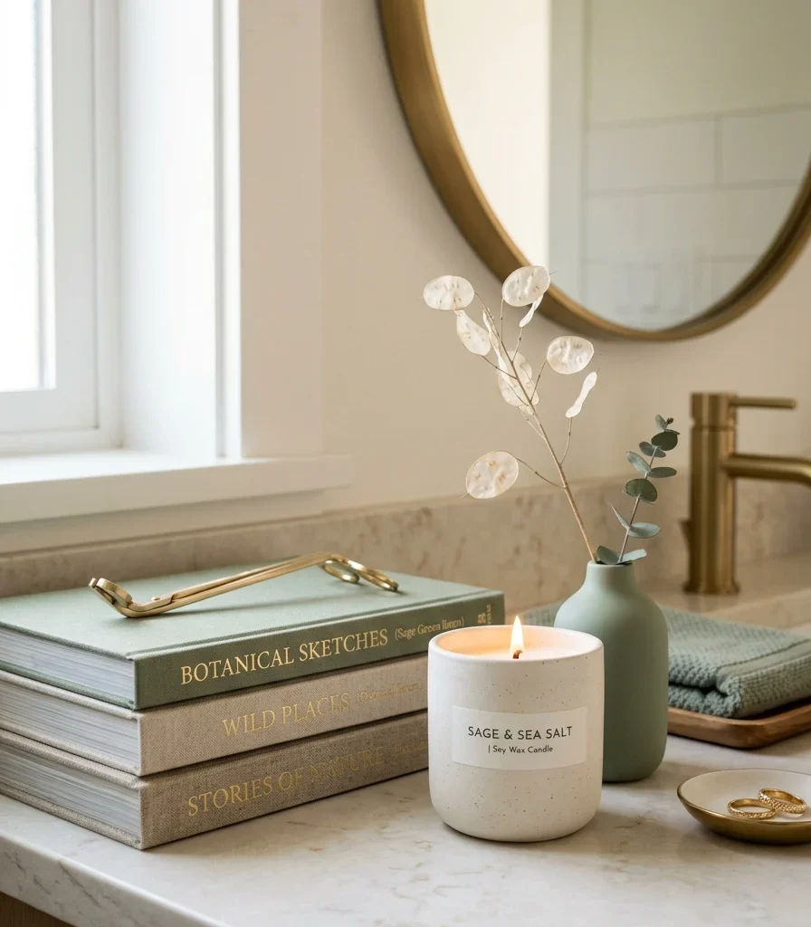 7. A Curated Vignette of Books and Candles on the Counter
