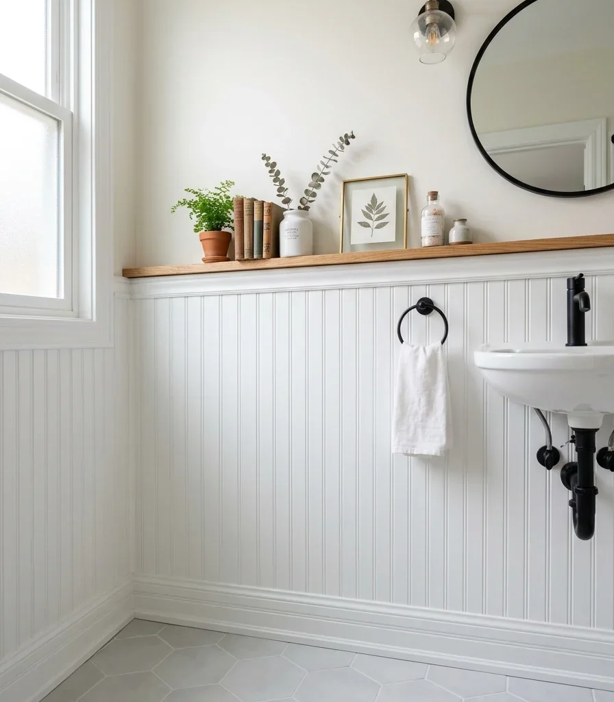 7. Install White Beadboard With a Built-In Picture-Ledge Shelf