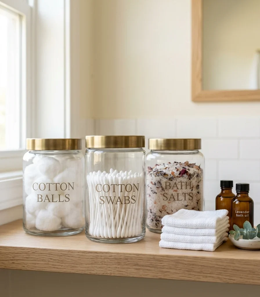 7. Labeled Glass Apothecary Jars on Open Shelving