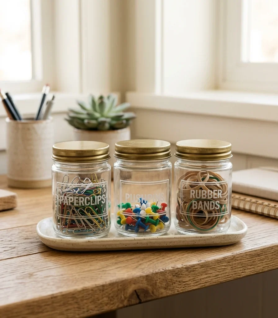 7. Labeled Glass Jars for Small Office Supplies