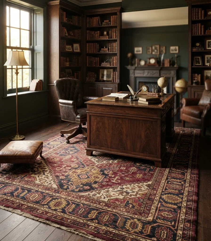 7. Layer a Persian-Style Rug Under the Desk