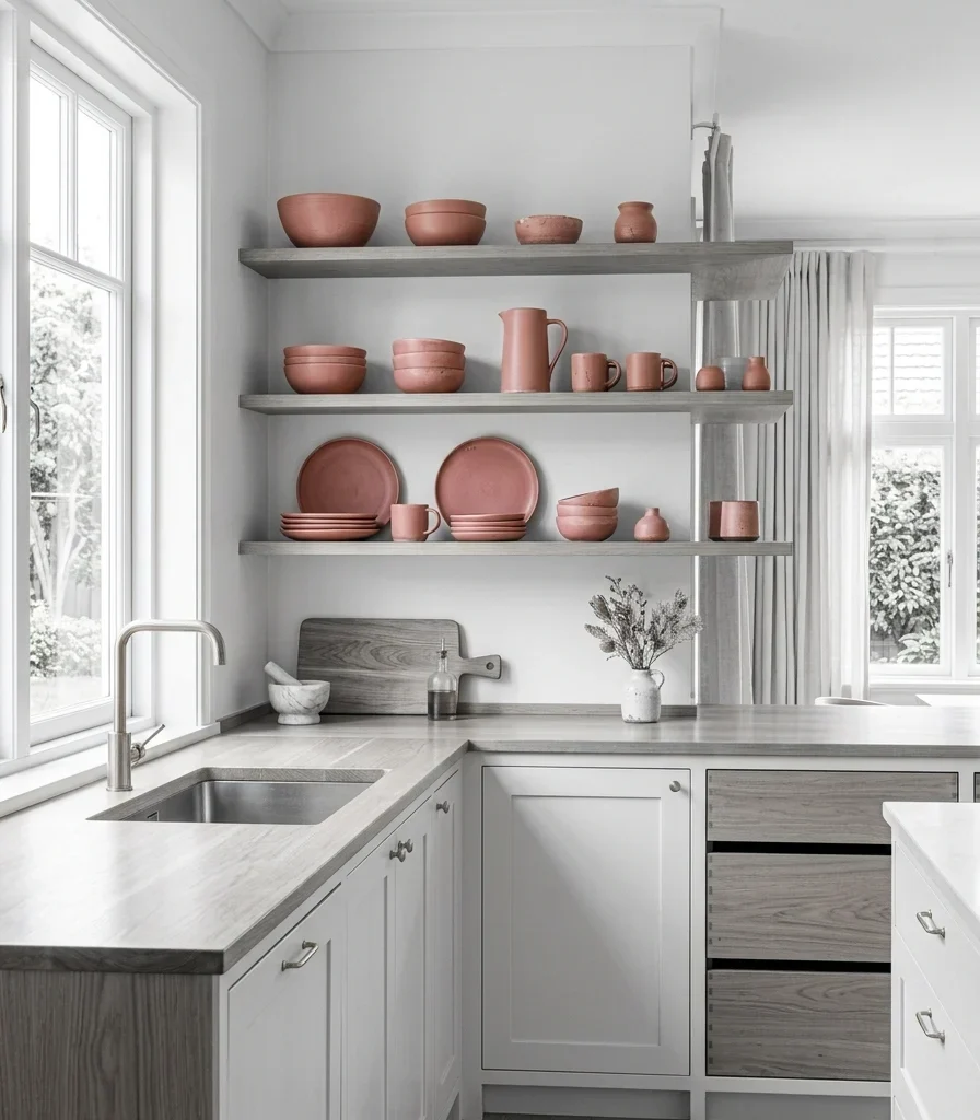 7. Open Shelves Introduce Trend Color Without Full Commitment