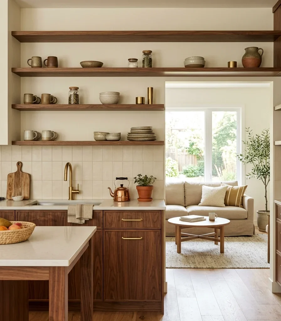 7. Open Shelving Instead of Upper Cabinets for Sightline Flow