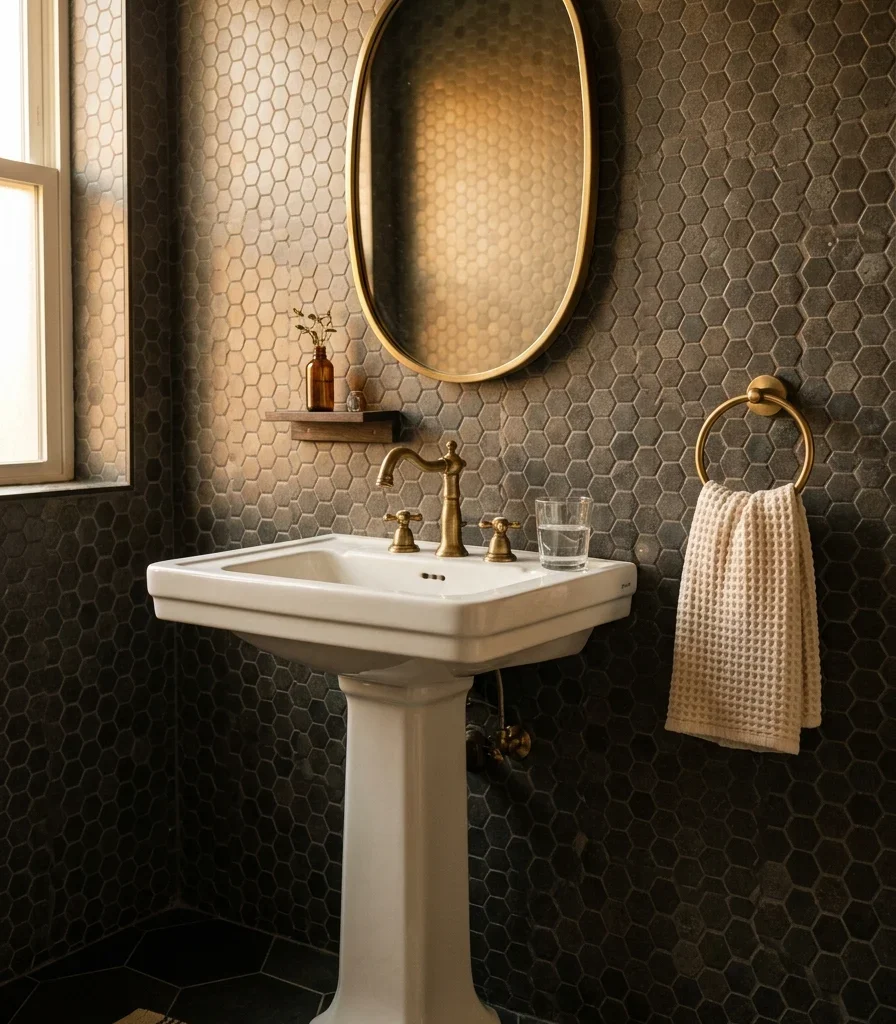 7. Pedestal Sink Against a Full Tile Backdrop