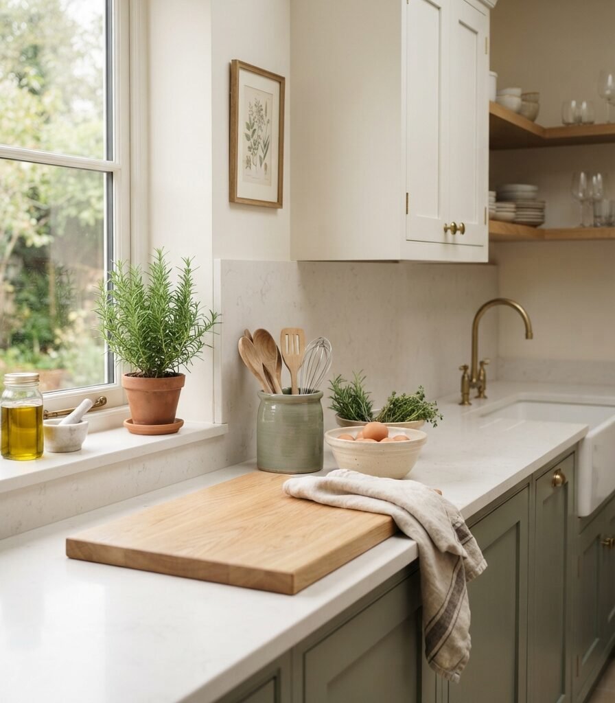 7. Sage Green Counter Styling with Natural Oak