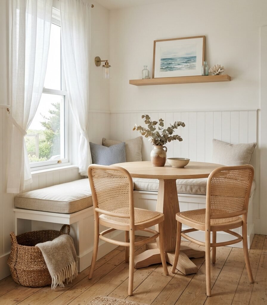 7. Small Coastal Dining Nook with Built-In Bench