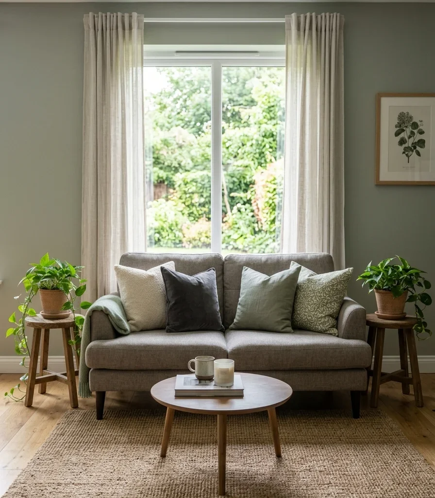 7. Textured Throw Pillows and Botanical Greenery