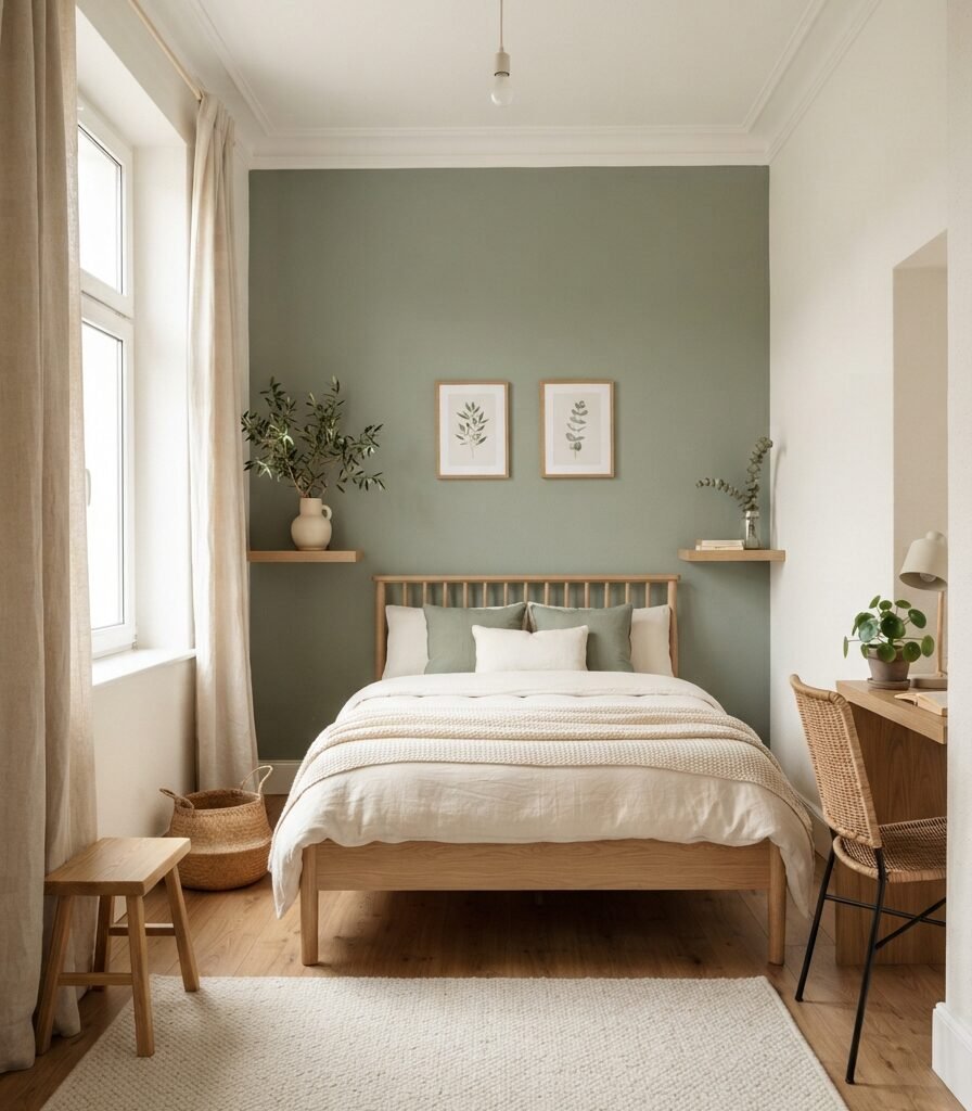 7. Tiny Bedroom Design Ideas: Get More Depth with a Tonal Sage Accent Wall