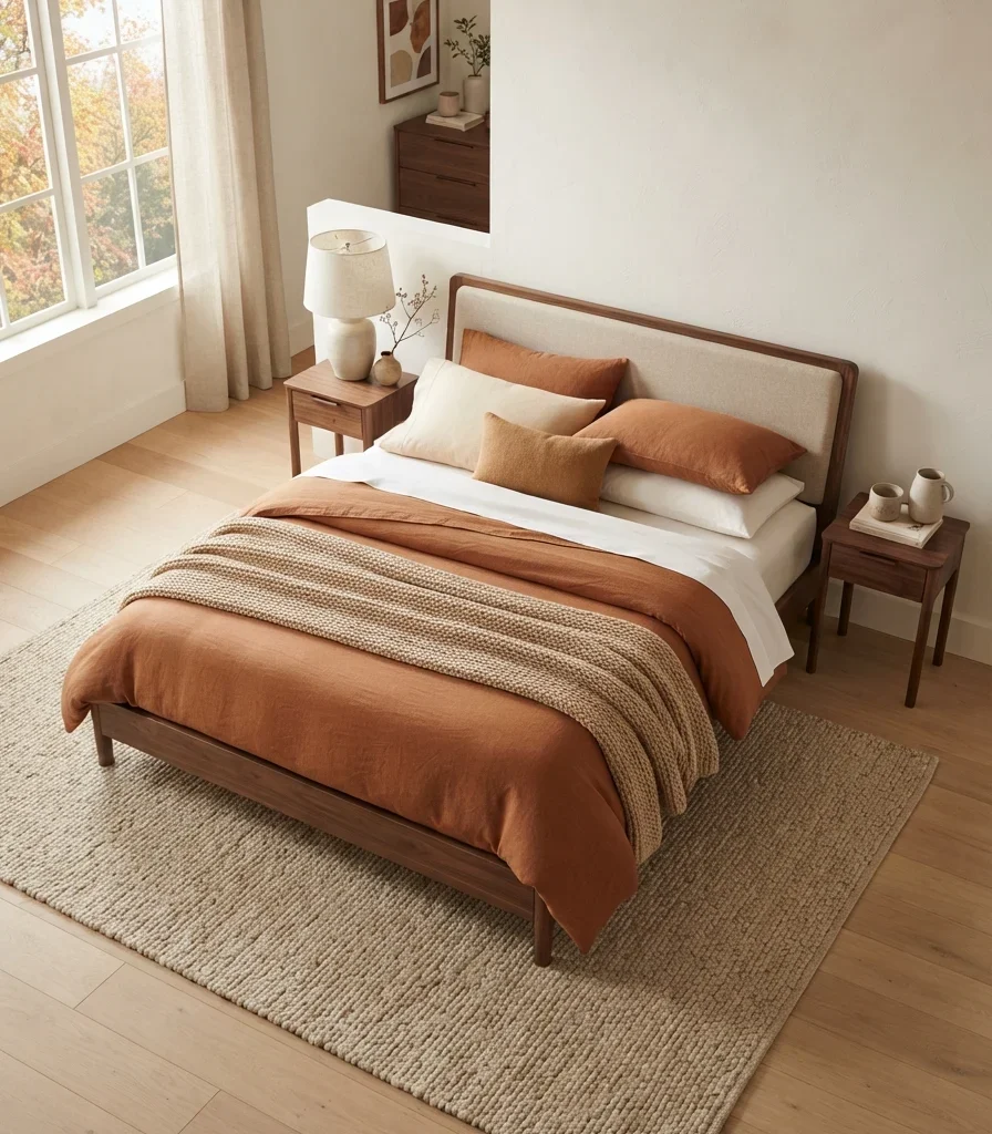 7. Turn the Bed Into a Low, Layered Autumn Landscape