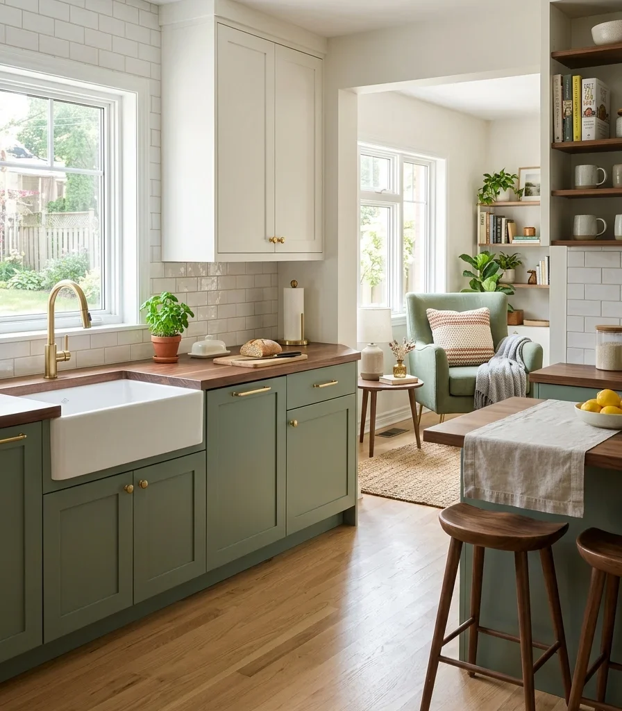 7. Two-Tone Cabinetry Echoed in a Living Room Accent Chair
