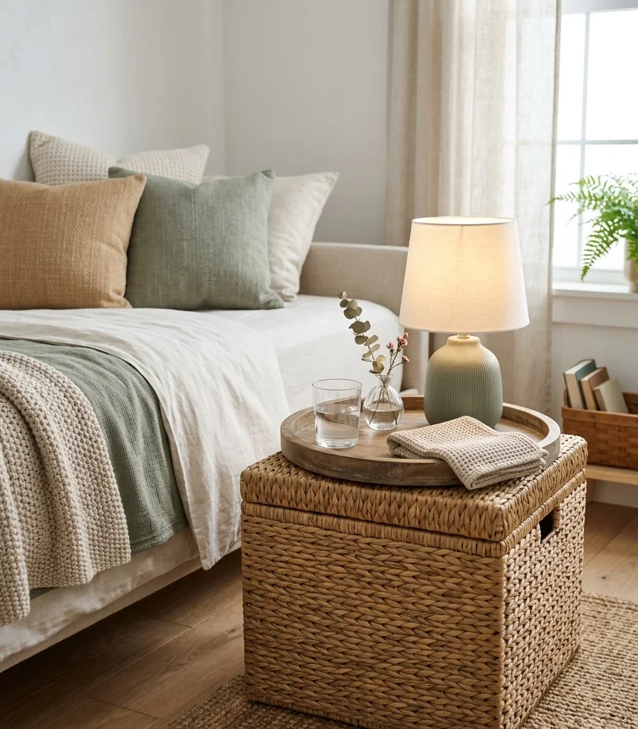 7. Use a Storage Ottoman as the Guest's Nightstand Surface