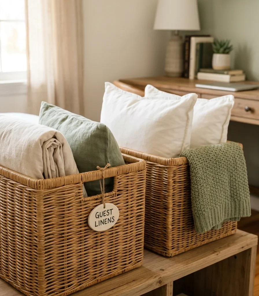 7. Woven Baskets That Hide Guest Linens in Plain Sight