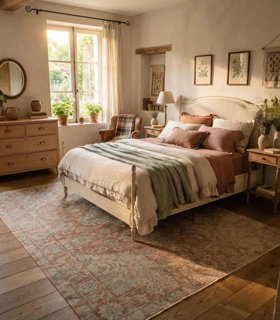 8. Add a Faded Floral Rug Beneath the Bed