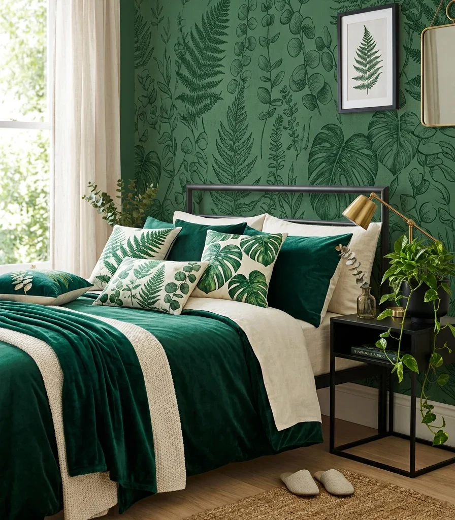 8. Botanical Textiles and Deep Green Accents