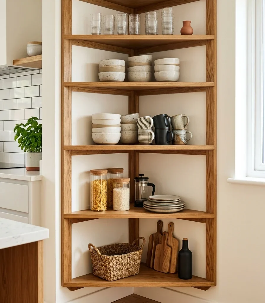 8. Corner Open Shelving Claims Dead Kitchen Corner Space