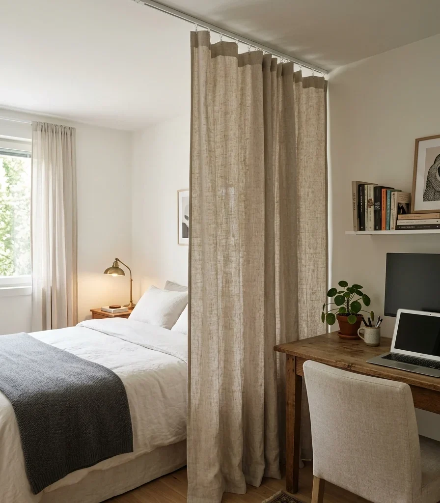 8. Frame the Sleep Zone With a Curtain Track Divider