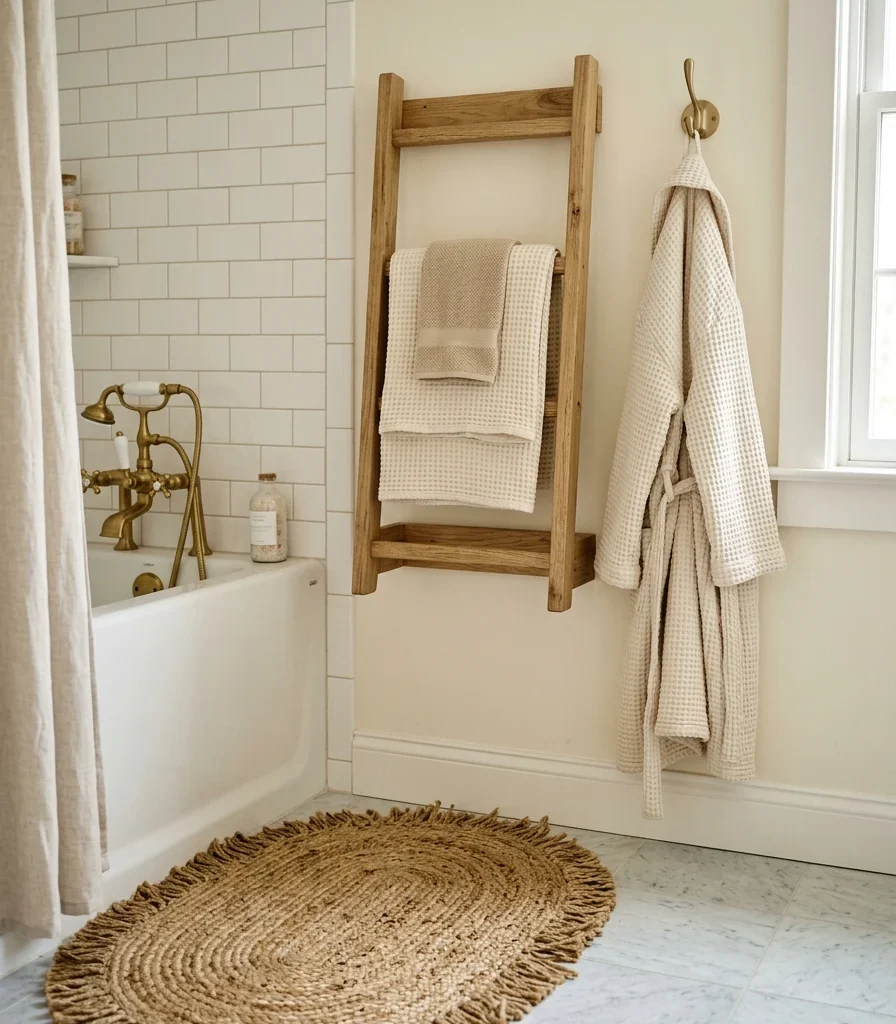 8. Layered Textiles That Soften a Hard-Surfaced Tub Room