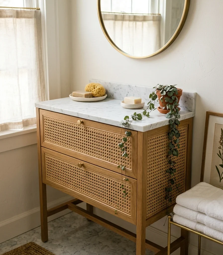 8. Marble-Top Console With Woven Cane Drawer Fronts