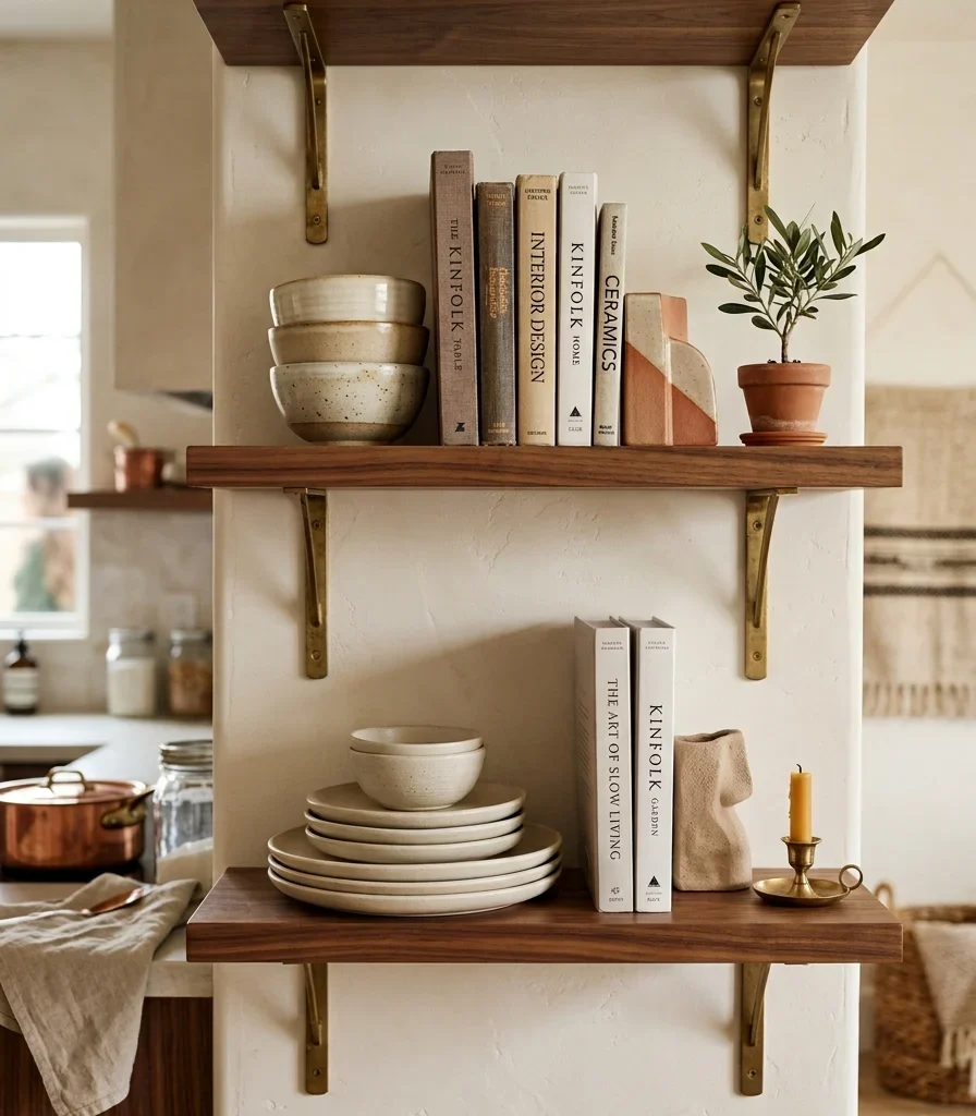 8. Open Shelving That Displays Both Kitchenware and Living Room Objects