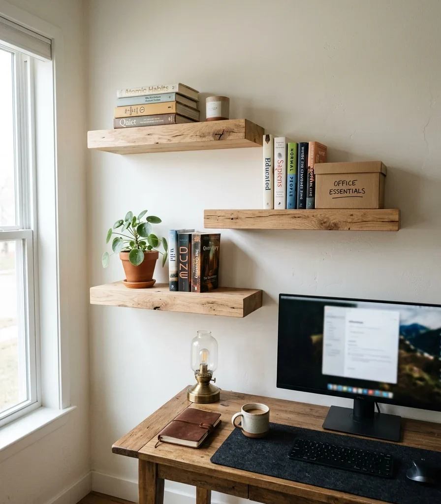 8. Unfinished Oak Floating Shelves Above the Desk