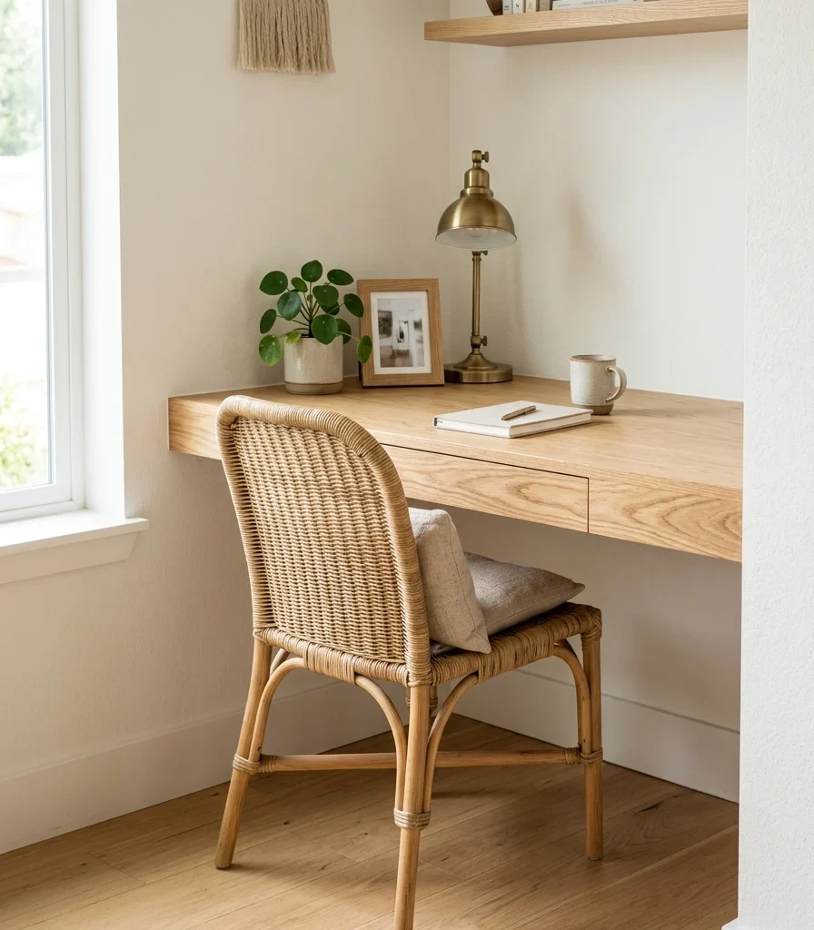 8. Woven Rattan Chair That Tucks Fully Under the Desk