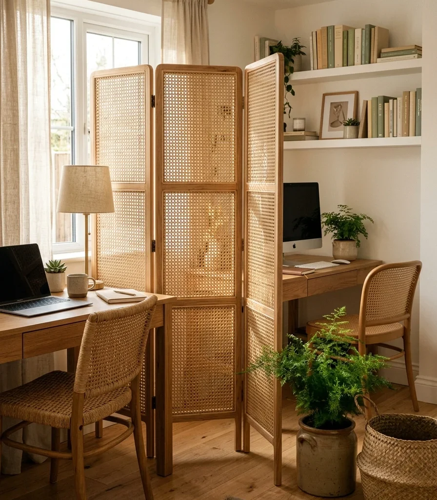 8. Woven Rattan Room Divider Between Workstations