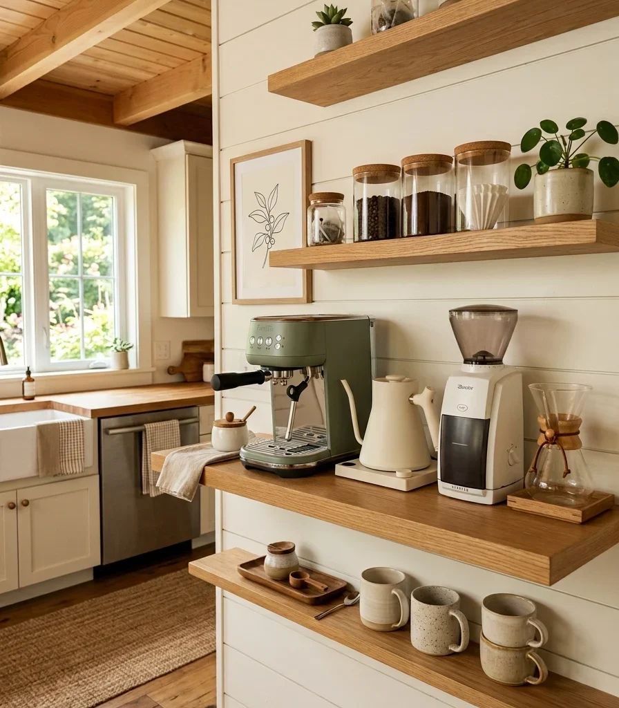8. Zoned Coffee Station on an Open Shelf Wall