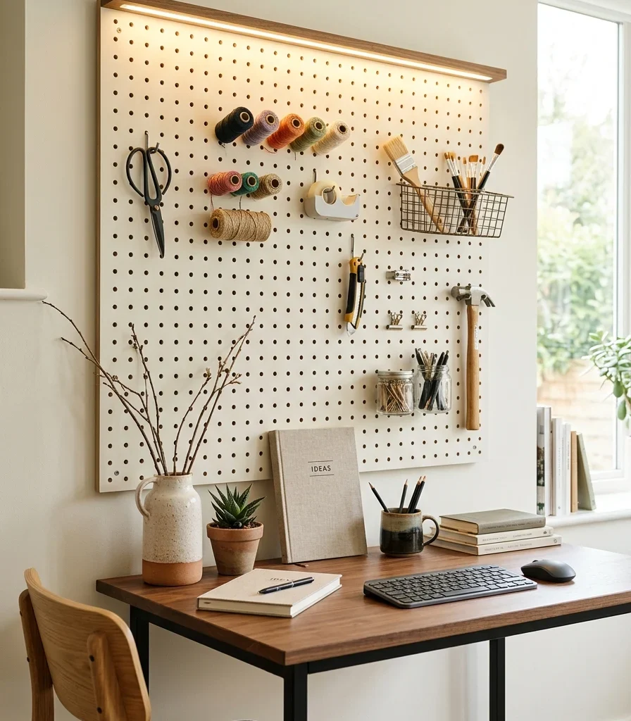9. Add a Pegboard Wall With Integrated Task Lighting